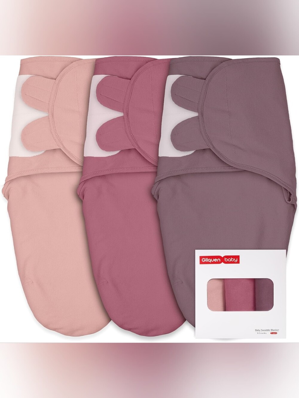 Gilquen Baby 3 Velcro Swaddles Wrap Pack 100% Cotton Like New Pink Purple 0-3 M